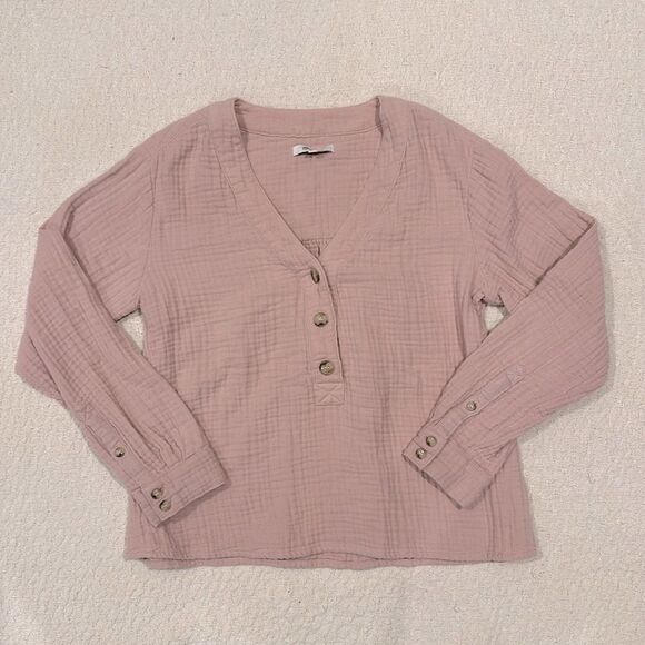 Madewell Lightspun Evert Top Wisteria Dove Pink Button Front V-Neck Textured XS - Picture 2 of 7